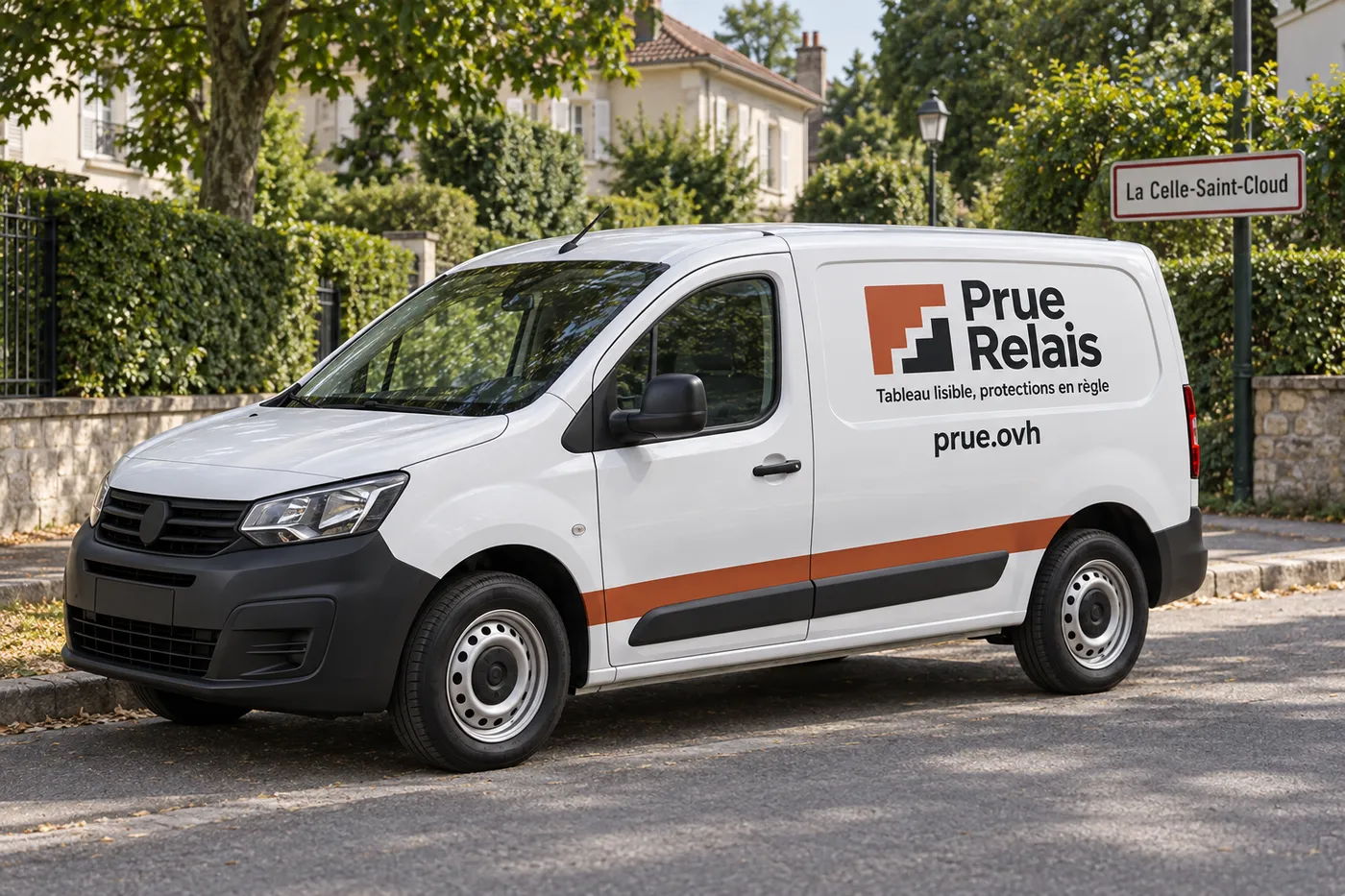 Camionnette Prue Relais garée dans une rue pavillonnaire de La Celle-Saint-Cloud (78170)