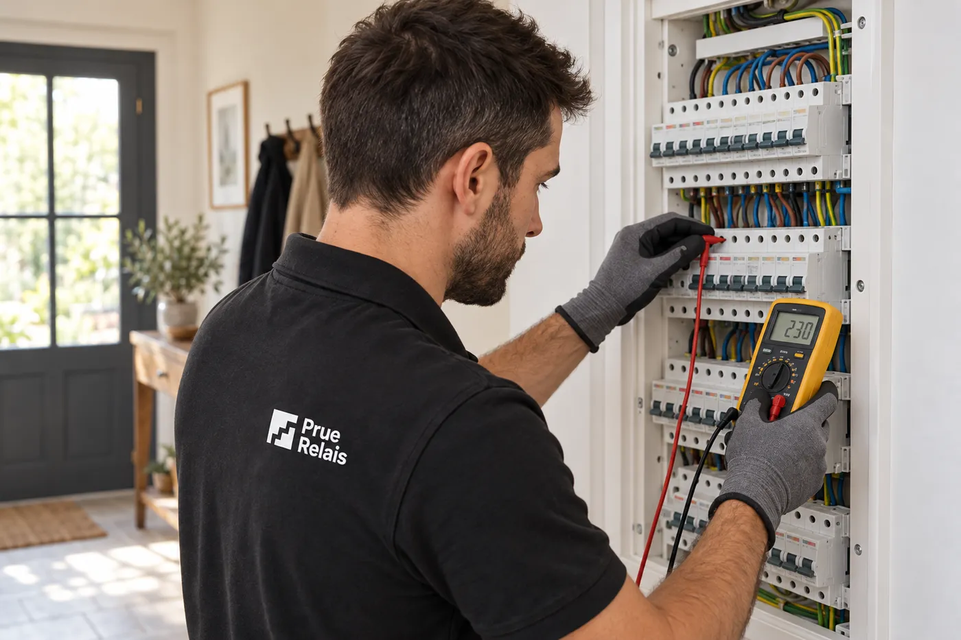 Électricien de Prue Relais mesurant au multimètre les disjoncteurs d'un tableau électrique à La Celle-Saint-Cloud (78170)