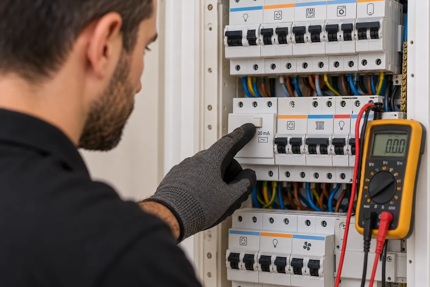 Électricien appuyant sur le bouton test d'un différentiel 30 mA lors d'une mise aux normes NF C 15-100